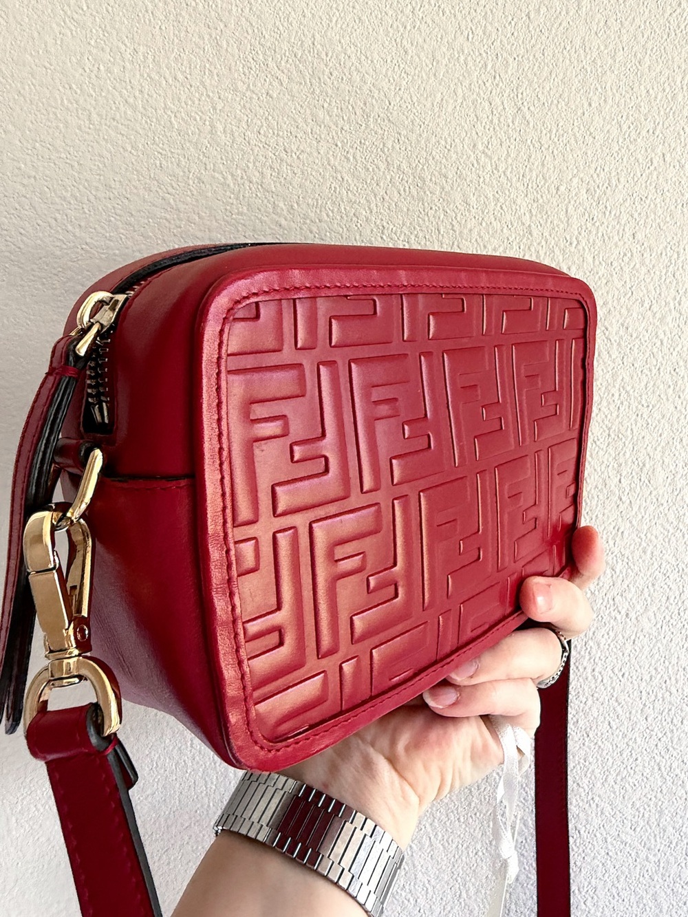 FENDI Vitello Century FF 1974 Embossed Mini Camera Bag Crossbody Fragola - Picture 9 of 11